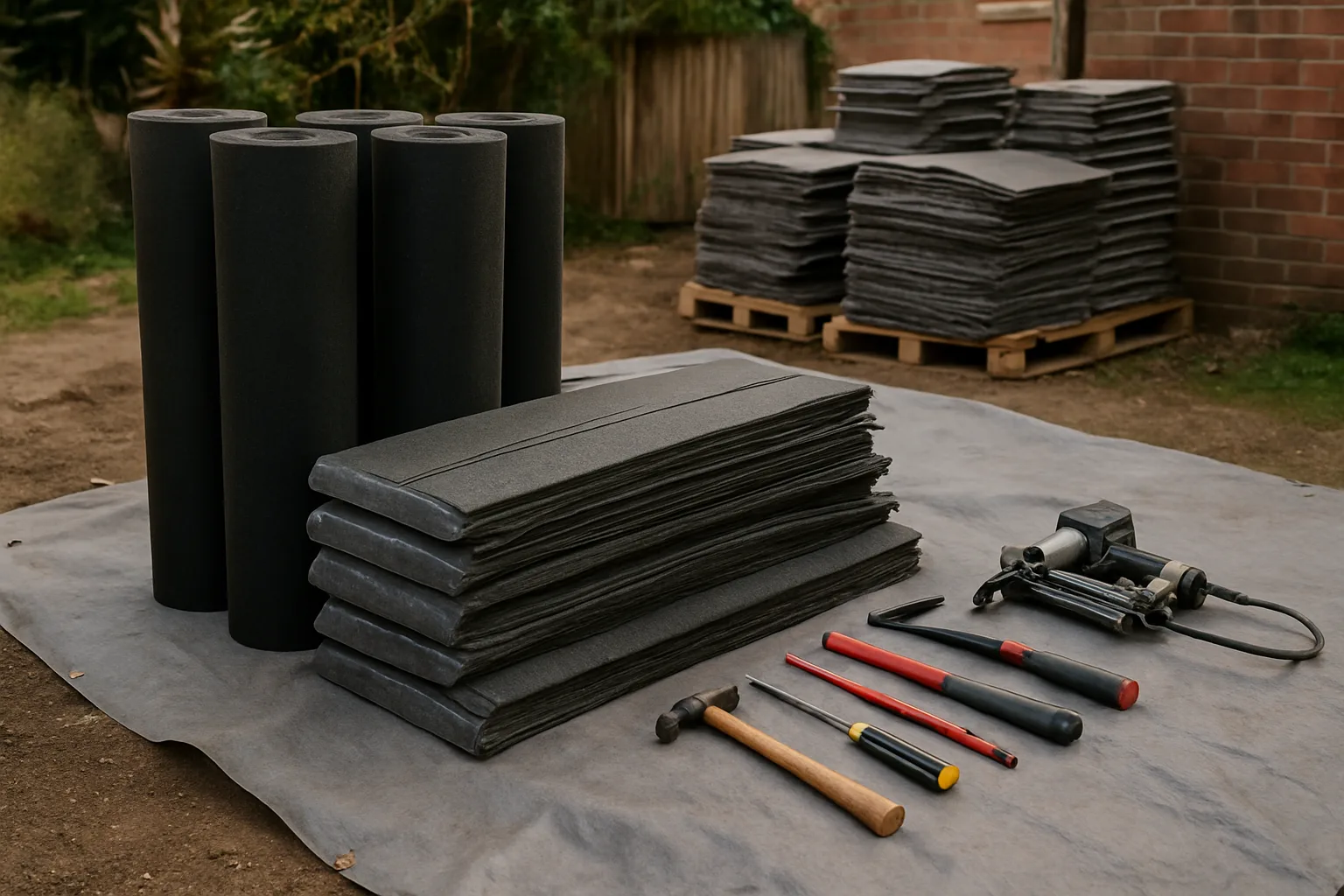 Roofing materials and supplies organized at a job site