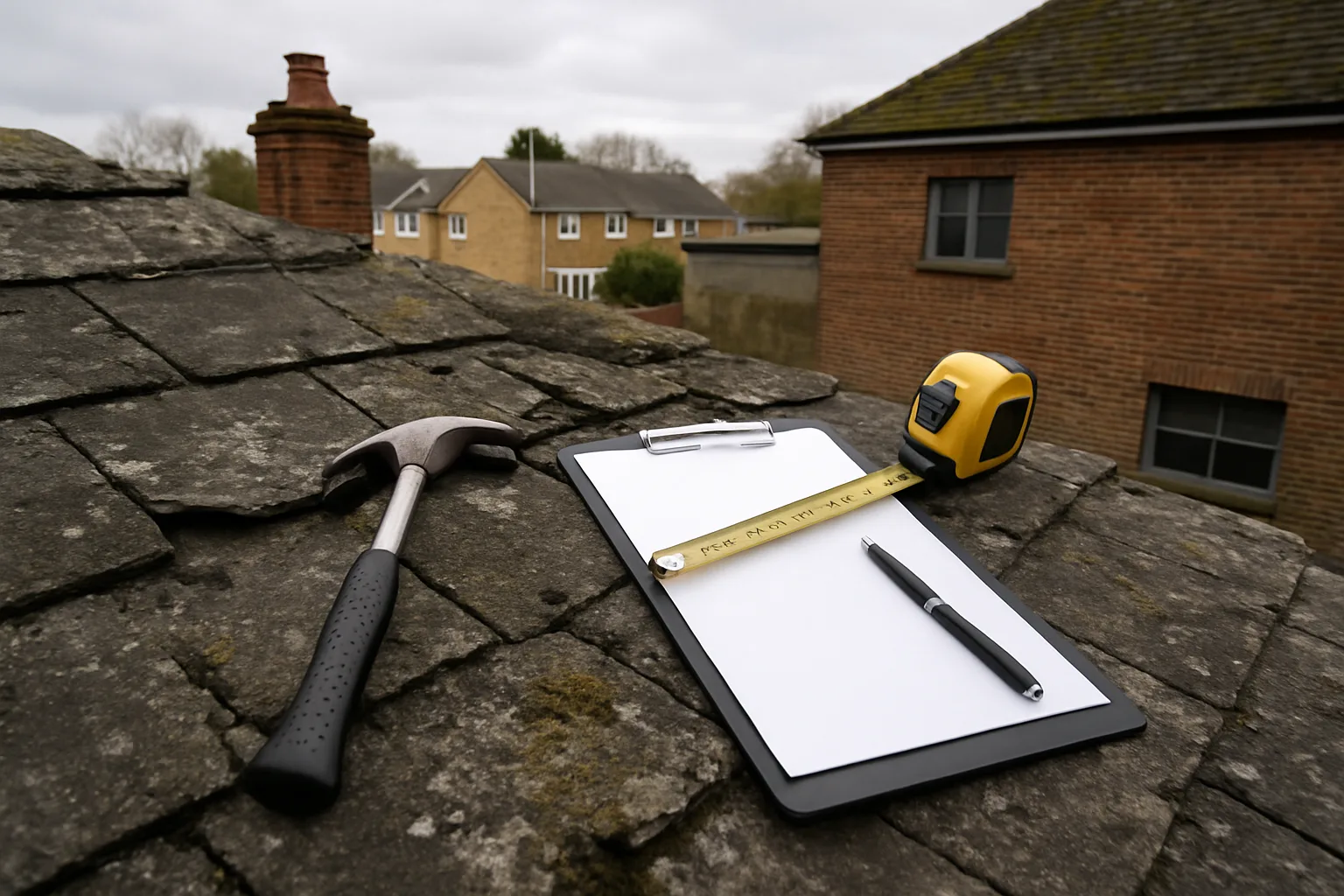 Roof inspection in progress with measurement tools